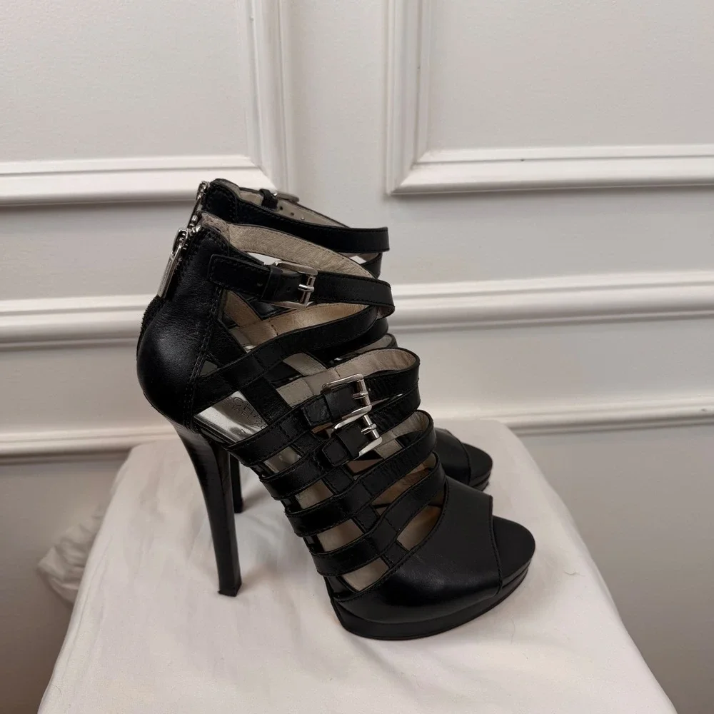 Michael Kors Black Leather Gladiator Buckle Platform Heels Sandals Womens 9M